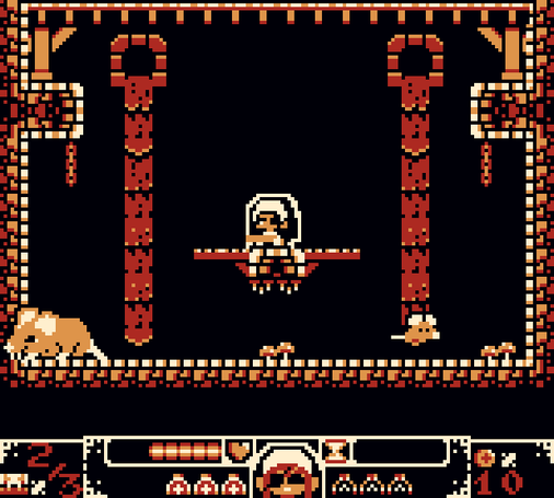 Screenshot from NUNYA demo by Bard, showing the protagonist Nunya standing on a platform in the sewers above the first boss of the game, a giant rat.