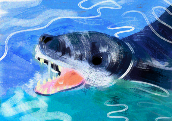 A painterly partially submerged leopard seal with its maw open dripping water.