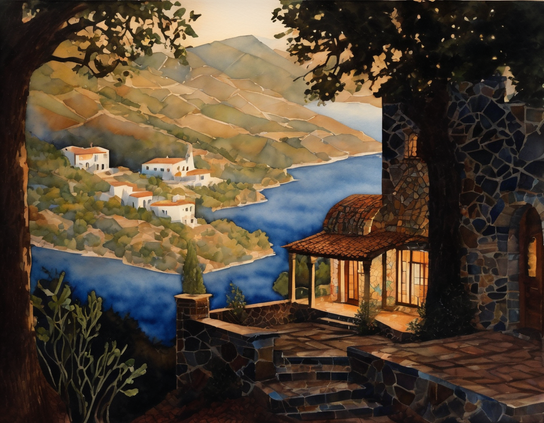 View from the back terrace of a stone house overlooking a lake with a village on the far shore. The lights in the house glow warmly in the shadow of the approaching evening. Watercolor style.