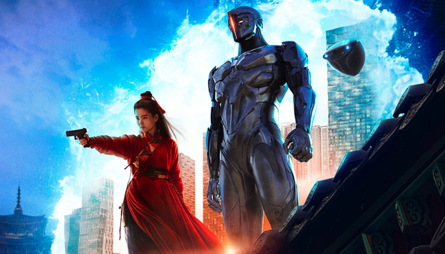 Kim Tae Ri in Joseon era costume with Kim Woo Bin in robot armor from the 2022 South Korean Movie "Alienoid."