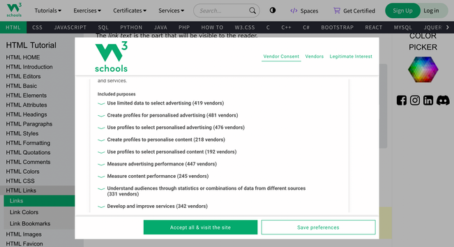 Screenshot of the W3 Schools cookie notice