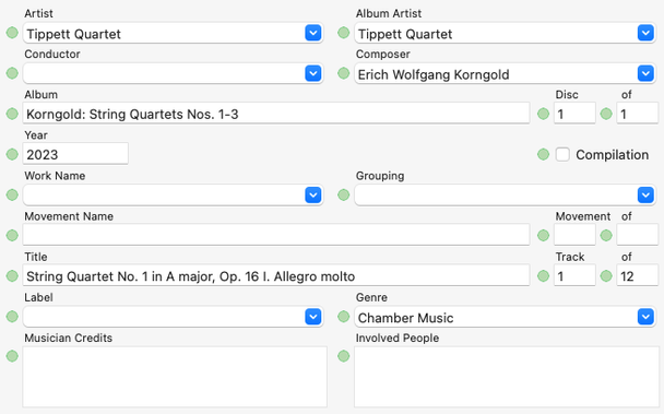 Screenshot of the initial state. A track from a Korngold String Quartets album has a title of the form "work name [roman numerals] movement name". the work and movement fields are blank.