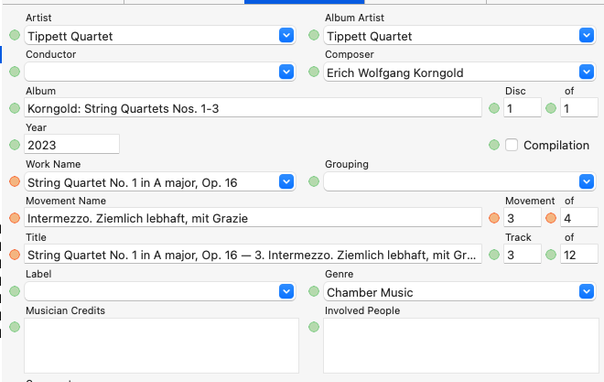 The final screenshot shows the Work Name, Movement Name, Movement Number, and Movement Count fields correctly filled on the third movement, as another example.