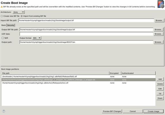 Screenshot "create boot image", um aus
– FSBL,
– Bitstream,
– elf-Datei
ein Bootimage für den FPGA/QSPI zu bauen.