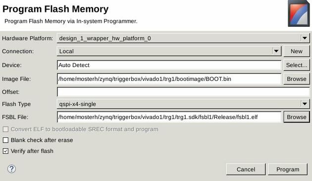 Screenshot "Program Flash Memory"
Ausgewählt werden diese 2 Dateien:
– BOOT.bin (vom create boot image kreiert)
– fsbl.elf (warum auch immer das nochmal muss, ist doch im boot.bin eigentlich drin oder was?!)