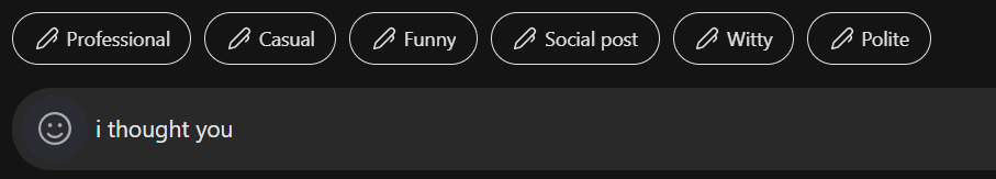 Snip of screen showing skype chat text input with buttons above saying Professional, Casual Funny etc. The buttons have a pen icon.
