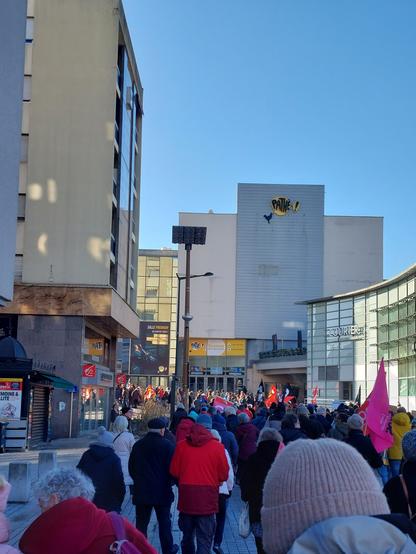 Une foule manifeste dans les rues du centre-ville d'Annecy contre la loi immigration. On voit des drapeaux syndicaux dans le cortège et un cinéma multiplexe en arrière plan.