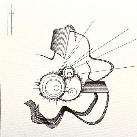 Machine drawn in pen. Glyph looking thing in top left, planes, swirly line, rays and sun looking ellipses.