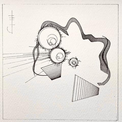 Machine drawn in pen. Glyph looking thing in top left, planes, swirly line, rays and sun looking ellipses.