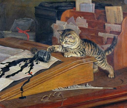 a painting from 1882 of a small tabby kitten jubilantly kocking a bottle of ink over into the paper that looks like a legal document. there's a wooden container with several slots filled with letters and a pile of documents tied with ribbons in the background. in front of the ink carnage is a battered quill and a pair of glasses. I cannot stress enough how naughty the cat looks. it knows what it did and it's proud of it