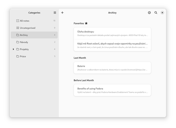 A screenshot of a window with categories on the left and a list of notes on the right. Simple, monochromatic design.