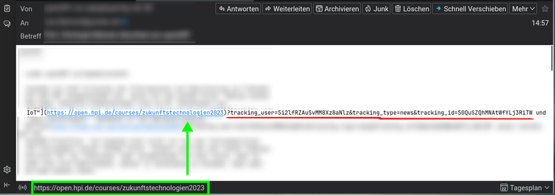 Link in Plain Text-Mail mit abgetrenntenTracking-IDs, die nicht mit aufgelöst werden.