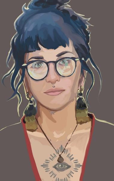 Digital painting of a feminine person with pale skin, blue hair and large glasses with tassel earrings