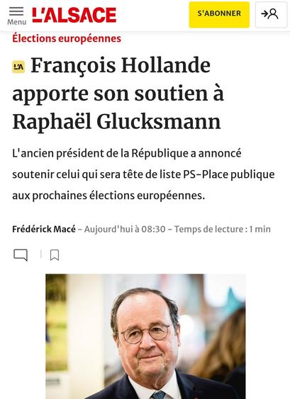 Site du journal "l'Alsace" qui titre "François Hollande apporte son soutien à Raphaël Glucksmann"