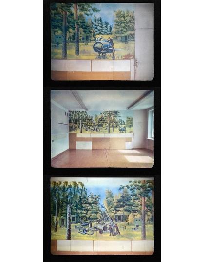 triptych of 3 mural photos, showing photos of a military camp in the forest with an airplane