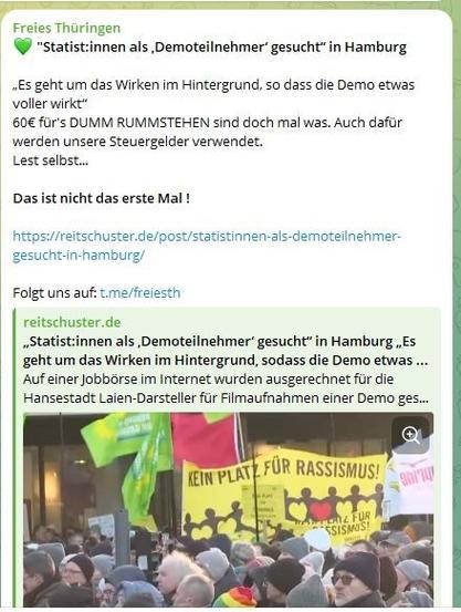 💚 "Statist:innen als ‚Demoteilnehmer‘ gesucht“ in Hamburg

„Es geht um das Wirken im Hintergrund, so dass die Demo etwas voller wirkt“
60€ für's DUMM RUMMSTEHEN sind doch mal was. Auch dafür werden unsere Steuergelder verwendet.
Lest selbst...

Das ist nicht das erste Mal !

https://reitschuster.de/post/statistinnen-als-demoteilnehmer-gesucht-in-hamburg/