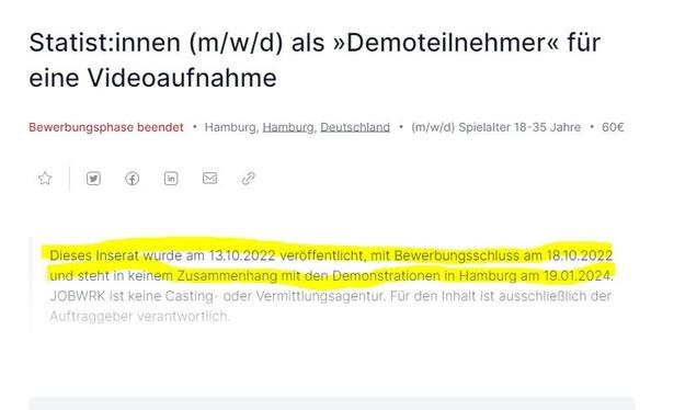 Statist:innen (m/w/d) als »Demoteilnehmer« für eine Videoaufnahme
Bewerbungsphase beendet  Hamburg, Hamburg, Deutschland  (m/w/d) Spielalter 18-35 Jahre  60€
Dieses Inserat wurde am 13.10.2022 veröffentlicht, mit Bewerbungsschluss am 18.10.2022 und steht in keinem Zusammenhang mit den Demonstrationen in Hamburg am 19.01.2024. JOBWRK ist keine Casting- oder Vermittlungsagentur. Für den Inhalt ist ausschließlich der Auftraggeber verantwortlich.
