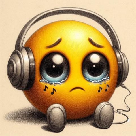 «Create by Bing Image Creator»
(Image of a yellow, round face with watery eyes, similar to the emoji 🥺), was depressed and started listening to music, which cheered him up and reminded him of fun.  careful pencil drawing