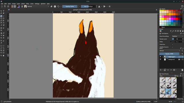 A screenshot in Krita of a rough painterly rockhopper sketch, screaming.