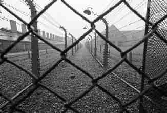 Schwarz-weiß Bild von Zäunen eines Konzentrationslagers