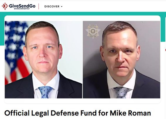Screenshot of GiveSendGo fundraiser for the "Official Legal Defence Fund for Mike Roman, with 2 mugshots of Mike.