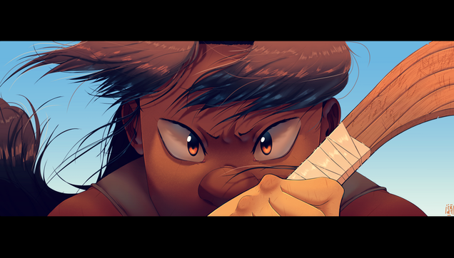 A 16:9 cinematic piece of a closeup of Casey, with wind blowing to the left and his determined eyes staring straight ahead.