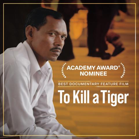 Ranjit, a farmer in Jharkhand, India, staring at the camera. He has short hair, a moustache and is wearing a white buttoned shirt. He is set against an indistinct dark yellow background. The text on image reads:
Academy Award Nominee
Best Documentary Feature Film
To Kill a Tiger