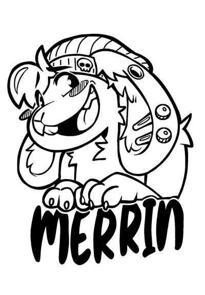 Lineart furry badge depicting a headshot of a bunny character in a beanie decorated with a skull enamel charm. Their ears droop down at the sides of their face and they grin widely and with a slight hint of shyness. The whole image rests above the name of the character: "Merrin"