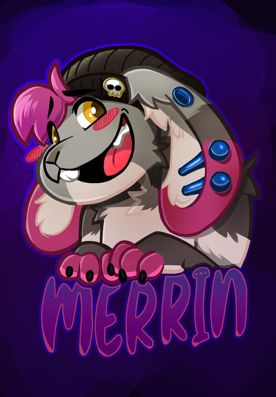 Colored furry art badge depicting a headshot of a bunny character in a black beanie decorated with a skull enamel charm. Their ears droop down at the sides of their face and they grin widely and with a slight hint of shyness. Their ears and handpaws are  accented with a deep magenta. The whole image rests above the name of the character: "Merrin"