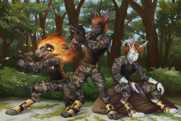 A black hare stands amongst the melting snow, aiming his gun to an unseen threat, with a forest blocking his retreat behind him. To his left, a skull-faced, fire-haired demon version of himself fires his gun wildly at a second threat. To his right, a white hare rests sitting on a rock, finger off the trigger, looking exhausted, as a soft blue glow shines through the cracks of his kintsugi.