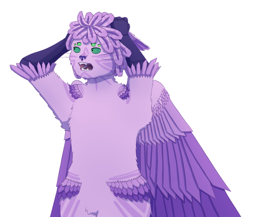 A digital drawing of a purple winged lavender feline feline with darker lavender stripes, feather hair, and six green eyes has their birdlike hands on their head, with a shocked expression on their face. It is drawn in the artstyle of the game YIIK.