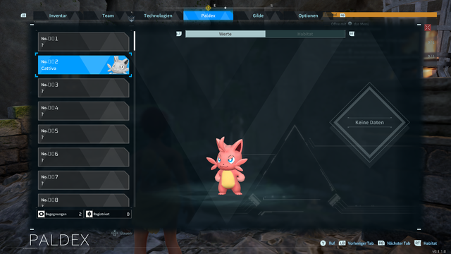 Screenshot des "Paldex" aus dem Spiel Palworld. Man sieht eine kleine stehende katzenartigeKreatur mit Rosa Fell und gelbem Bauch. Es trägt den Namen Cattova und hat die Nummer 002