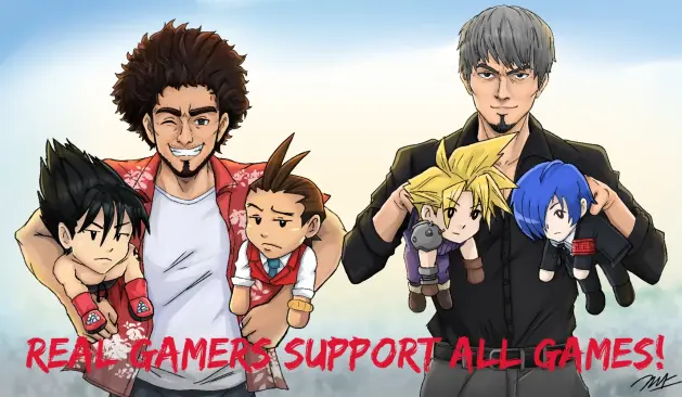 Ichiban agarrando a un Jin Kazama y Apollo Justice con el outfit hawaiano de Infinite wealth.

A su derecha Kiryu agarrando a Cloud y Makoto Yuki con el outfit del Yakuza Infinite Wealth y el letrero con fuente Yakuza de lo que puse en el post de REAL GAMERS...