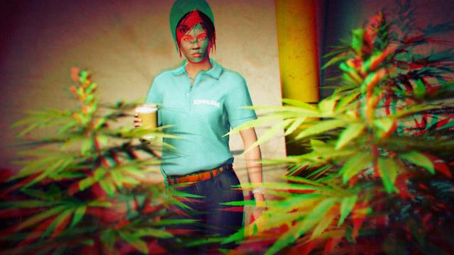 A screenshot I took in the video game GTA Online using the Rockstar Editor. It was taken during one of the jobs for Dax and shows a female member of The Epsilon Program holding a cup of coffee.
