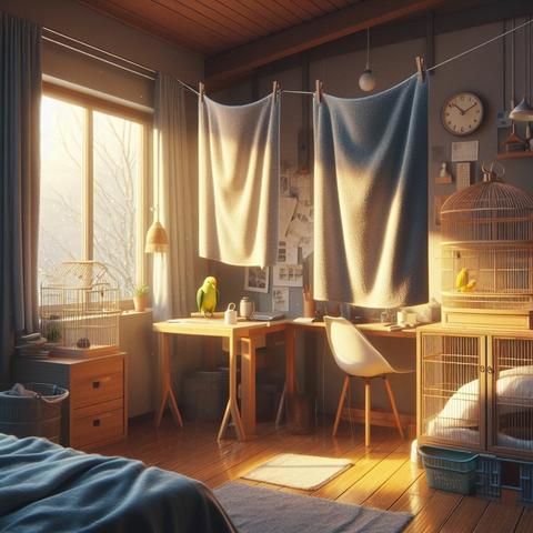 «Create by Bing Image Creator»
(Landscape photo of two towels drying in a room where a single person lives), this room has a work desk, a bed and a parrot in a bird cage, the window is closed because the season is winter. The wet towels appear to have been hung out to dry to retain moisture.
