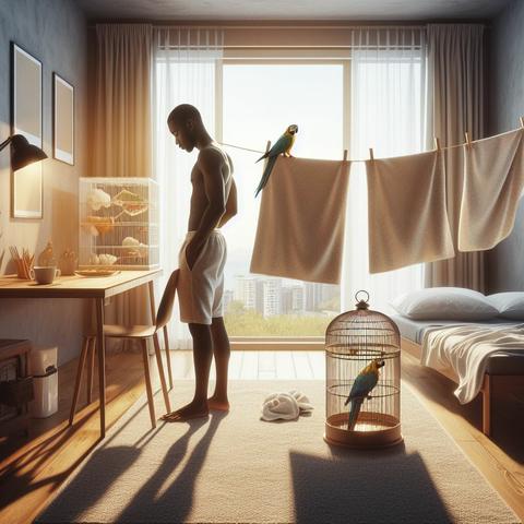 «Create by Bing Image Creator»
(Landscape photo of two towels drying in a room where a single person lives), this room has a work desk, a bed and a parrot in a bird cage, the window is closed because the season is winter. The wet towels appear to have been hung out to dry to retain moisture.