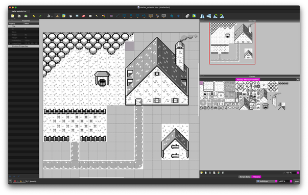 Tiled tile editor showing a clearing in the woods, with an A-frame-ish main building and smoking chimney, a covered well, a small garden with a partially finished fence, and a roofed area with open sides for firewood. there are paths connecting the garden to the atelier and a location offscreen. the ground is missing in several areas.

tileset from https://kenney.nl/
