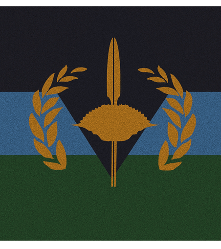 Image of Gullah Geechee Diaspora Flag.

The top of the is black, middle is haint blue, and the bottom is green. The top black portion cuts thru the middle of the haint blue and green portions of the flag in an inverted triangle shape.

In the middle of the flag in gold in a pair of spears with a crab shell on top of the spears. To the left and right of the crab and spears is a rice crop arching around both sides.