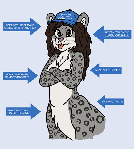 Diagram of Amaya the snow leopard taur wearing a blue baseball cap with the white text “Please Be Patient I Have ADHD”. Six blue arrows with white text point to various parts of her body. From top to bottom, then left to right, they are as follows:

“Does not understand social cues of any kind”
“Stims constantly, Sensory sensitive”
“Twice the torso, Twice the love”
“Distracted easily, Terminally kitty (There are no thoughts in her head)”
“Nice soft boobs”
“Gay and trans”