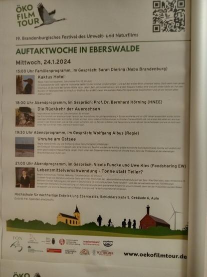 Programmplakat der ÖkoFilmTour in Eberswalde für den 24. Januar 2024
