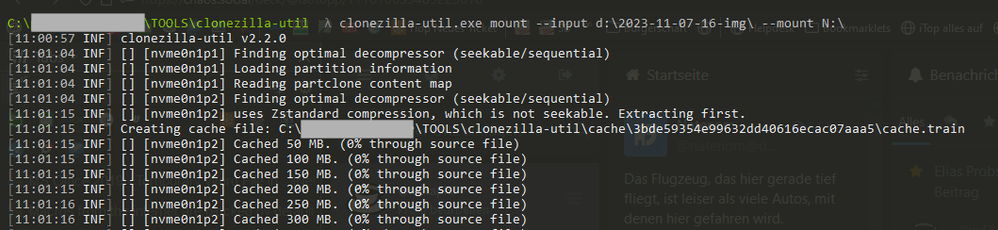 Screenshot showing command-line output of clonezilla-util mounting a disk image