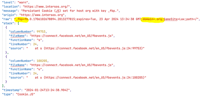 screenshot of json code describing setting of facebook cookie: "_fbp=fb.0.1706102678894.2013277815;expires=Tue, 23 Apr 2024 13:24:38 GMT;domain=.org;SameSite=Lax;path=/"
