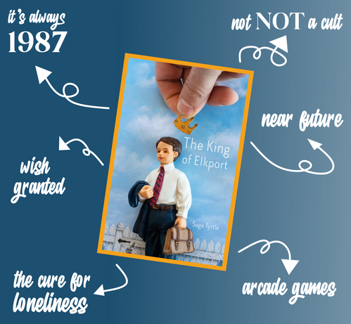 Book cover featuring a figurine of a business person with a hand holding a paper crown above the head. Arrows point to facets of the book - it's always 1987, wish granted, the cure for loneliness, not NOT a cult, near future, and arcade games.
