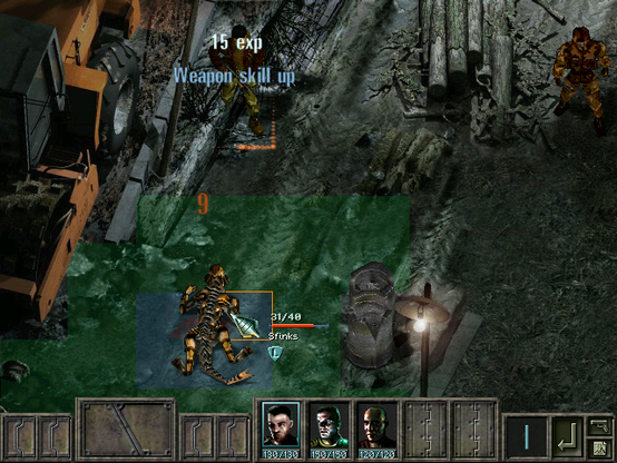 Cole Sullivan, commander of the small platoon, shoots a giant insect-like creature, a Sfinks, and gets 15 exp out of it in this 1999 isometric 3D PC game