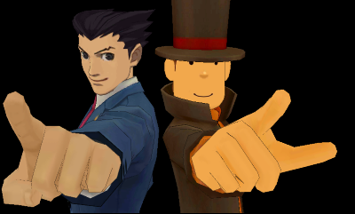 Phoenix Wright (in 3D for the first time!) and Professor Layton both poiting the finger to the player in an in-game sequence