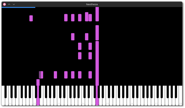 A view of its IU with MIDI music playing. Notes are represented by purple bars descending from the top of the screen, corresponding to the notes being played.

Neotheisa is a (fork of Synthesia, and a) libre, multi-platform, GPU-accelerated MIDI visualizer that can be used as an (elegant) MIDI player or to quickly learn to play the piano. It takes musical notes from a midi file as input and displays them as colored blocks falling onto a virtual piano.