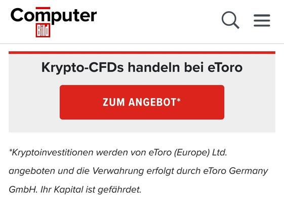 Screenshot aus dem Artikel, der eine der mehreren Verweise auf Tradingplattformen beinhält.