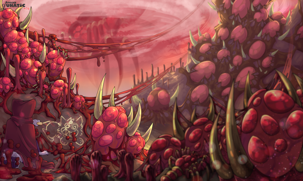 an alien ladscape full of insecst like creatures with eggs all over