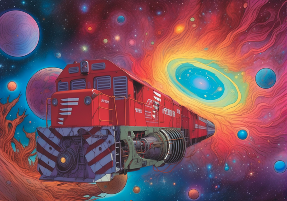 A red locomotive with a big rocket thruster instead of wheels flying among a colourful background of planets and nebulas. The locomotive is (approximately) an EMD GP32-2  with the Ferrovias logo.