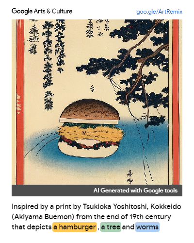 Ukiyo-e style image generated via AI using Tsukioka Yoshitoshi's famous print of Yorimasa as a base, and the word "hamburger" as a prompt.